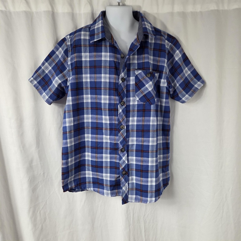 NOMAD By Craft + Flow Shirt Boys 10-12 Blue Plaid Button Up Short Sleeve Top